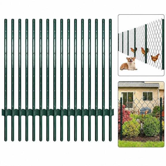 Heavy Duty Metal U-Channel Fence Posts, 15 Pack, Powder Coated Steel Stakes, Rust Resistant, Easy Install Outdoor Poles for Garden, Farm, Lawn, Green, 6 feet