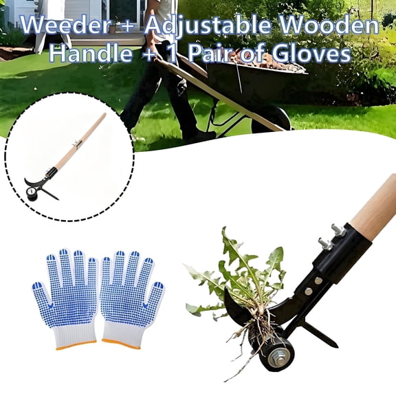 Heavy Duty Metal Weeding Roller, w/ Dotted Gloves, Adj Handle & Swivel Wheel, Crack Tool for Grass, Lawn, Stairs Weed