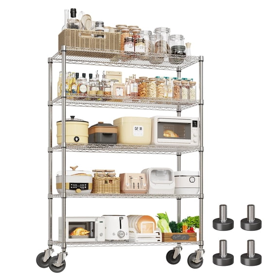 Heavy Duty Metal Wire Shelving Unit with Lockable 4" Wheels Adjustable 5-Tier Chrome Storage Rack 2200lbs Capacity Utility Organizer for Kitchen Garage Pantry Commercial 47"W x 18"D x 71"H
