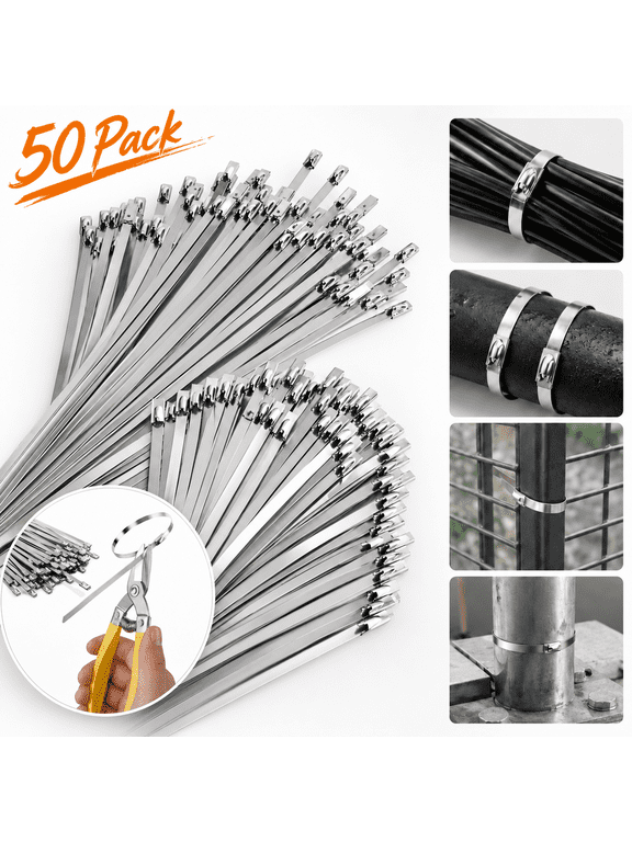 Heavy Duty Metal Zip Ties (With Tie Cutter) Uv Resistant Stainless Steel Zip Ties, 11.8 Inch 50 Pieces, Self-Locking Zip Ties, Suitable For Fixing Fences, Pipes, Etc. Outdoor.