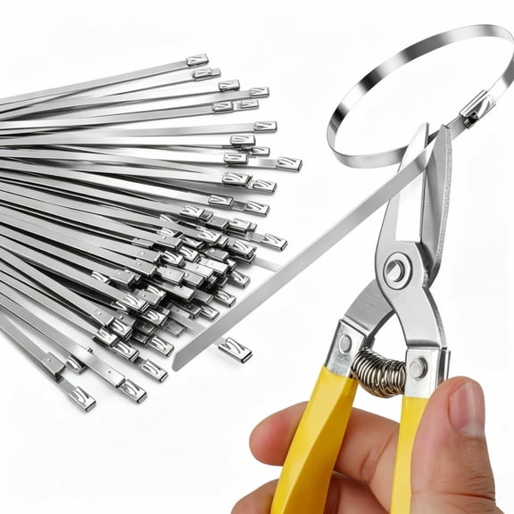 50 Pieces Heavy Duty Metal Zip Ties, 11.8in Self-Locking Metal Cable Ties with Cutting Scissors, Uv Resistant 304 Stainless Steel Zip Ties for Fence, Exhaust, Farm, Outdoor