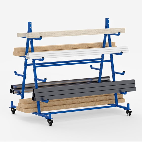 Heavy Duty Mobile Lumber Storage Rack with Wheels, Blue 5 Tier Design