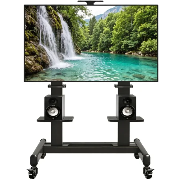 Heavy Duty Mobile Rolling TV Stand for 65-120 Inch TVs, 310 lbs Capacity, Height Adjustable TV Cart with Projector Mount, Lockable Wheels, Customizable Shelves, Black
