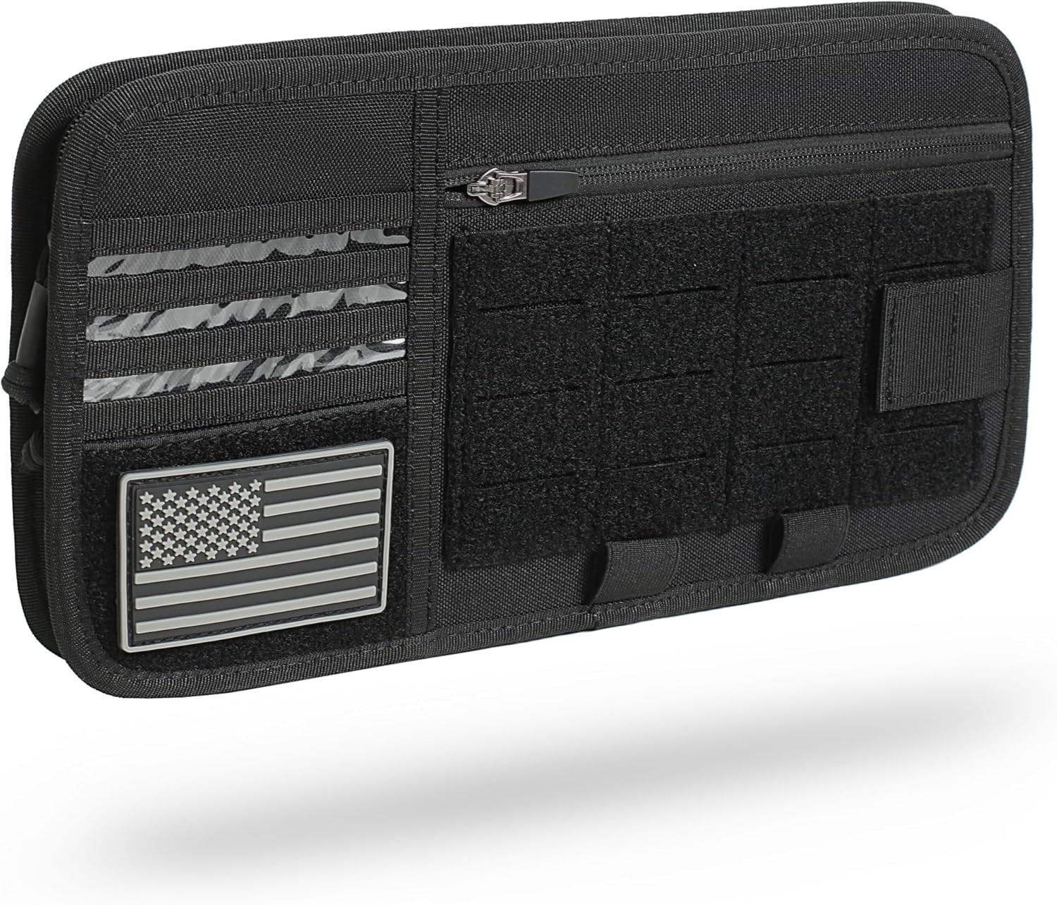 Heavy Duty Molle Car Sun Visor Organizer - Tactical Accessories with Zipper Storage Pouch,Glasses Clip and Card Sleeve Pocket, Multi-Pocket Pouch for Cars SUVs Trucks