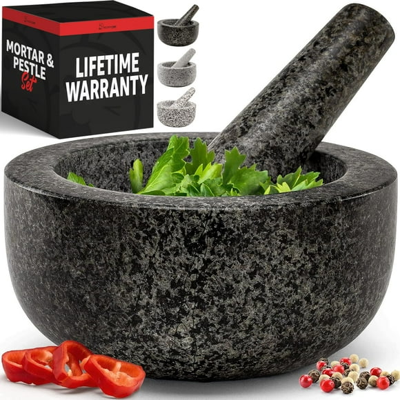 Heavy Duty Mortar and Pestle Set, 1.5 Cup, 100% Granite, Non Slip Base, Make Fresh Guacamole, Salsa, Pesto, Stone Grinder Bowl, Herb Crusher, Spice Grinder, 5.5 Inch - Black