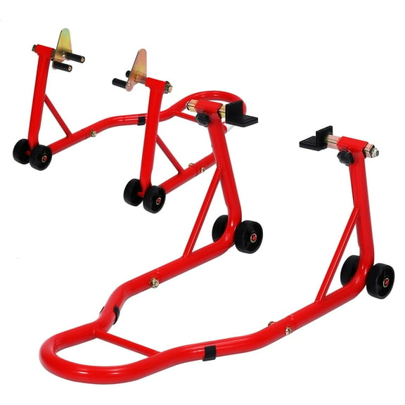 Heavy Duty Motorcycle Lift Stand Set Front and Rear Wheel Paddock Stand with Adjustable U and L Swingarm Spool 900 Lb Capacity Red