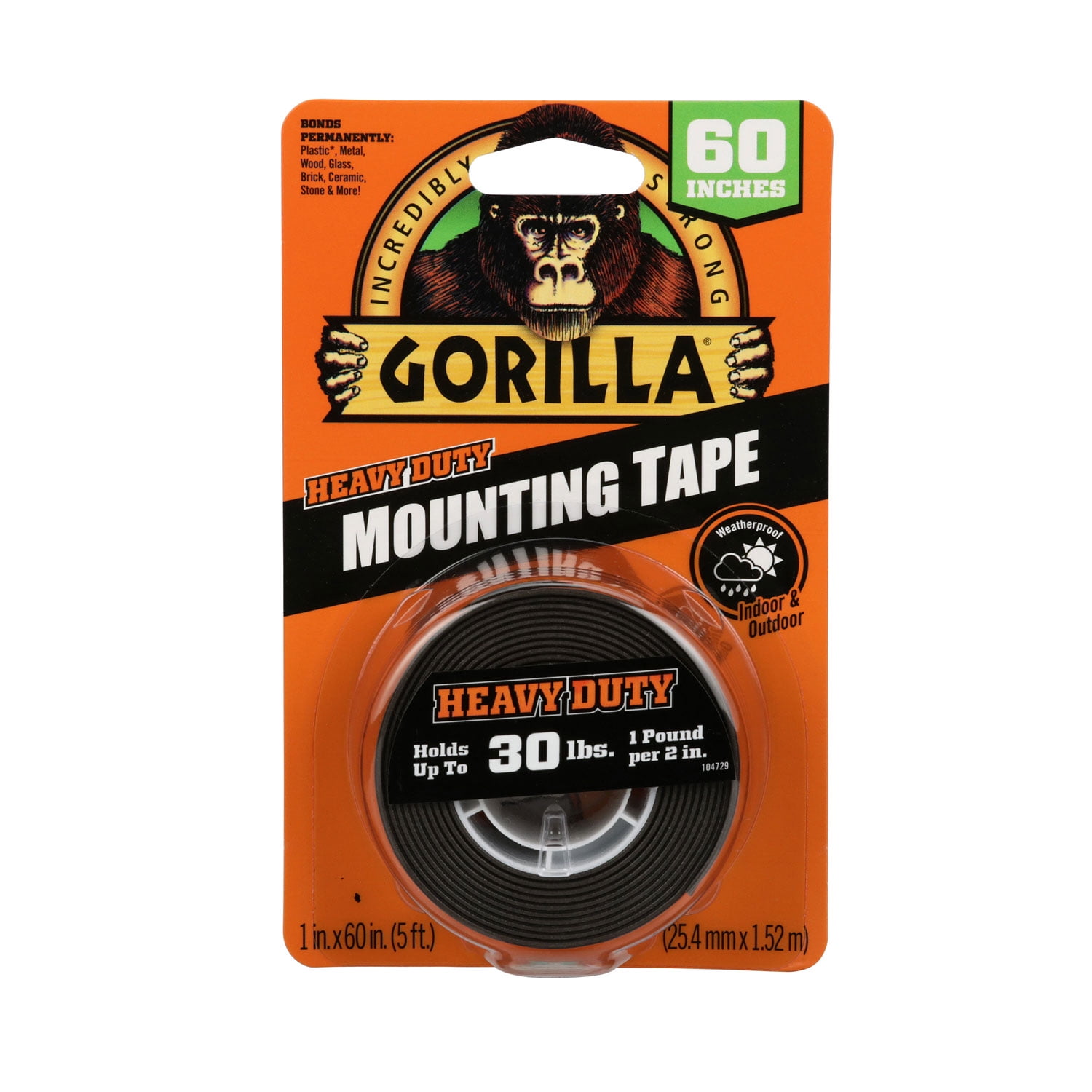 Heavy Duty Mounting Tape, Permanent, Holds Up to 30 lbs, 1" x 60", Black | Bundle of 2 Rolls