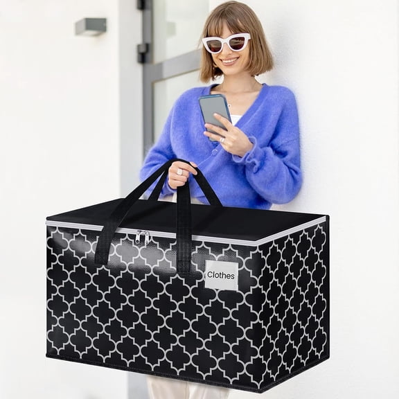 Heavy Duty Moving Bags with Tag Pockets, Collapsible Storage Totes for Moving, Camping & Travel - Foldable Packing Boxes, Zipper Handles, Black (8 Packs, 100L)