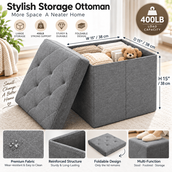 Heavy-Duty Multi-Purpose Folding Storage Ottoman Bench with Seat | Indoor/Outdoor, Space-Saving Design, Non-Porous Easy-Clean Surface