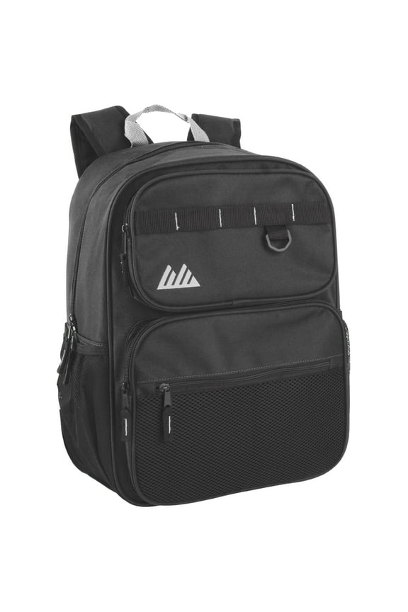 Heavy Duty Multipocket Backpack with Front Zippered Pockets and Side Mesh Pockets in Black