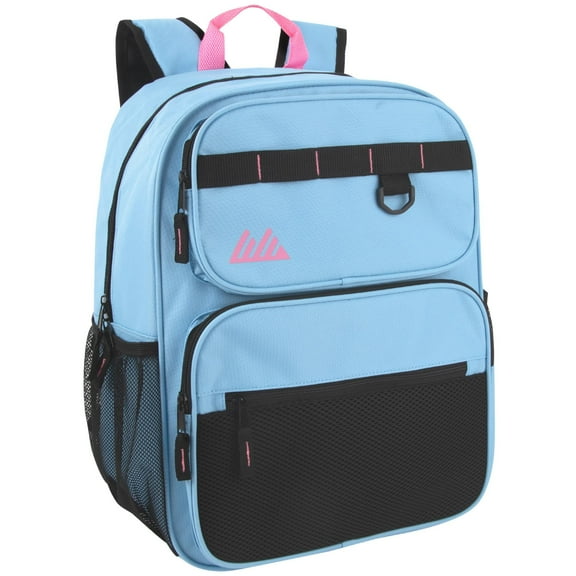 Heavy Duty Multipocket Backpack with Front Zippered Pockets and Side Mesh Pockets in Light Blue