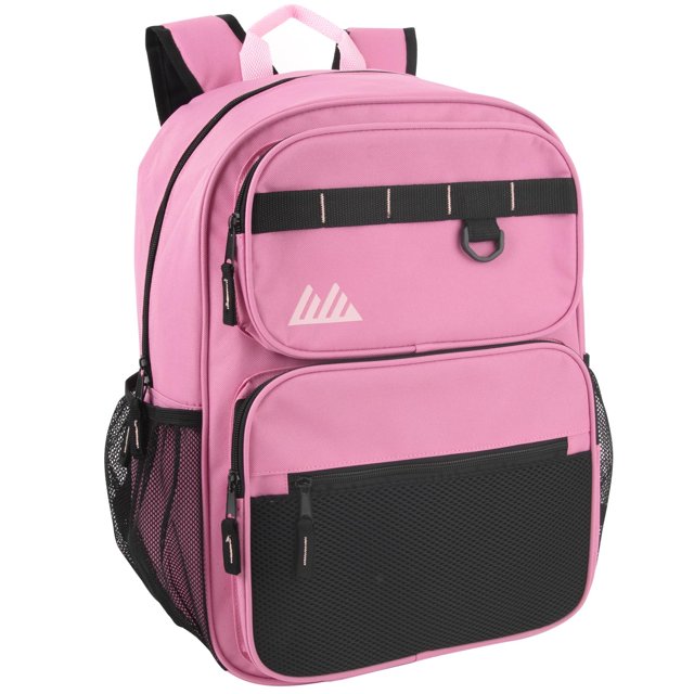 Heavy Duty Multipocket Backpack with Front Zippered Pockets and Side Mesh Pockets in Pink