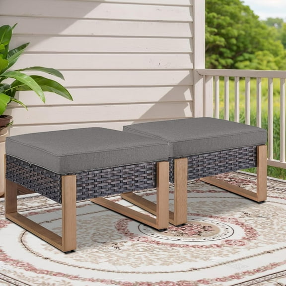 Heavy-Duty Multipurpose Outdoor Foot Stools - 250 LBS Capacity Wicker Ottomans with Woodgrain Frame for Patio, Porch & Backyard