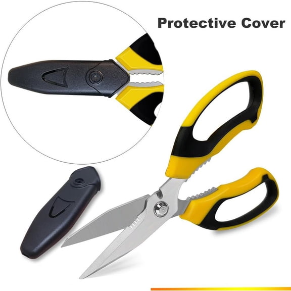 Heavy Duty Multipurpose Scissors with Protective Cover, Stainless Steel Serrated Blades, Easy Cutting Cardboard, Leather, Fabric, Wires, Nutcracker, Yellow