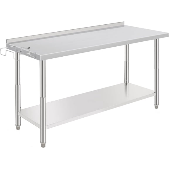 Heavy Duty NSF Stainless Steel Work Table - 60x24x35 Inch - Adjustable Undershelf, Tool Hooks, Removable Waste Rack, Straight Edge, No Casters, With Tailgate (08)