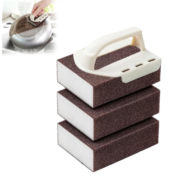 Heavy Duty Nano Carbide Cleaning Sponge, Magic Emery Cleaning Sponges for Pots and Pans, Decontamination Cleaning Brush Steel Sponge for Stainless Steel Pans (3pcs+1handle)
