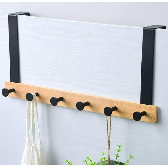 Heavy Duty Natural Bamboo Wood Matte Black Over The Door Hanger Hanging Rack 6 Hooks Organizer