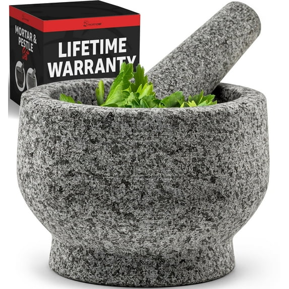 Heavy Duty Natural Granite Mortar and Pestle Set, Solid Stone Grinder Bowl, 1.5 Cup Unpolished Grey