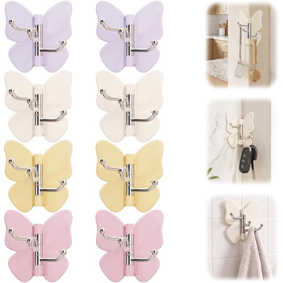 Heavy Duty No-Drill Stainless Steel Towel Hooks, 2026 New 360° Rotatable Butterfly Adhesive Hooks, Kitchen Rag Self Adhesive Hooks, Sticky Wall Hooks for Kitchen, Bedroom & Bathroom(8 Pack)