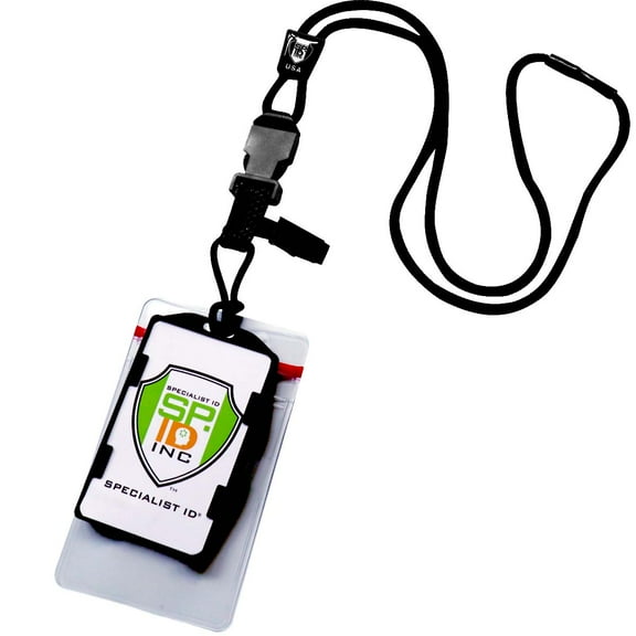 Heavy Duty (No Swing) Nylon Lanyard with Breakaway & Two Dual ID Badge Holders (Holds 4 ID Cards - Each Badge holder Holds 2 Badges) by Specialist ID and EK USA (Black)