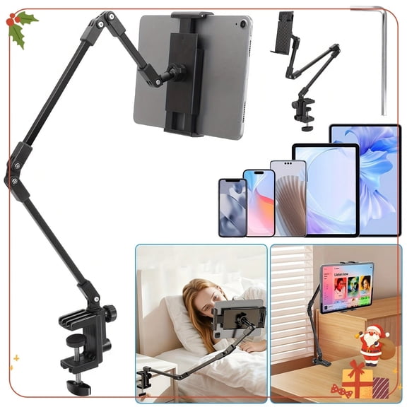Heavy-Duty Non-Slip Base Tablet Stand for Desk with 360 Rotation & Height Adjustment, Compatible for Smartphones, Tablets, E-Readers, Clamp/Easel Bracket