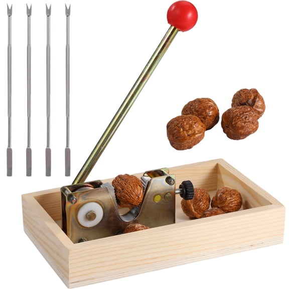 Heavy Duty Nut Cracker with Wooden Base Adjustable Lever & 4 Stainless Steel Picks, Rust-Proof Metal, Ergonomic Red Handle for Easy Cracking of Walnuts, Pecans & More