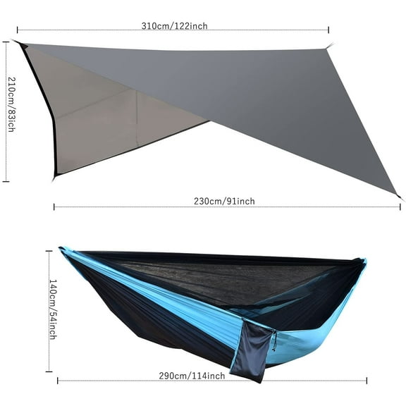 Heavy Duty Nylon Hammock with Mosquito Net and Rainfly - Blue for Camping, Backpacking, Hiking, Travel, Backyard, and