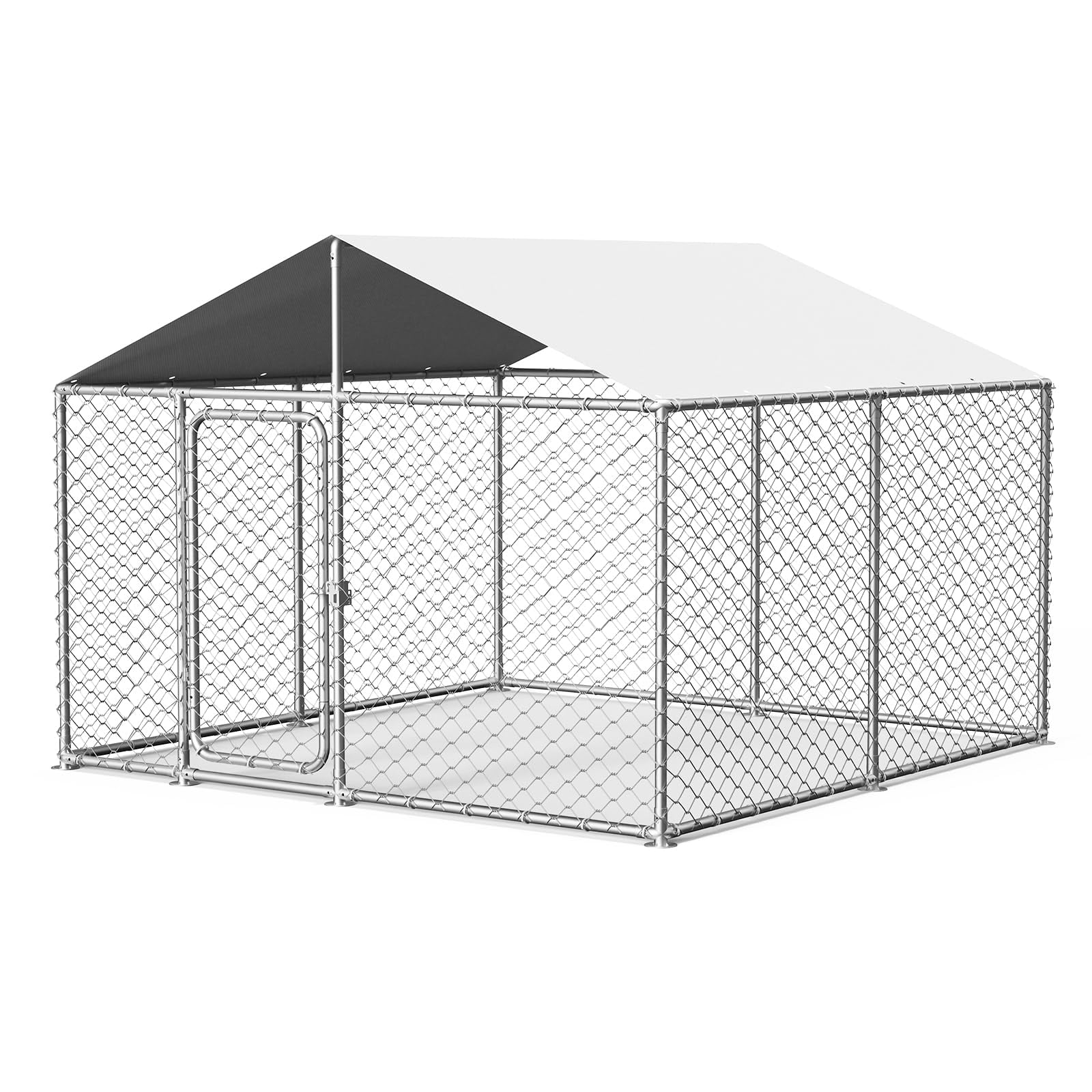 Heavy Duty Outdoor Dog Kennel 7.8x7.8FT Large Metal Enclosure with Waterproof Cover, Secure Lock for Pets, Durable Galvanized Frame, Silvery