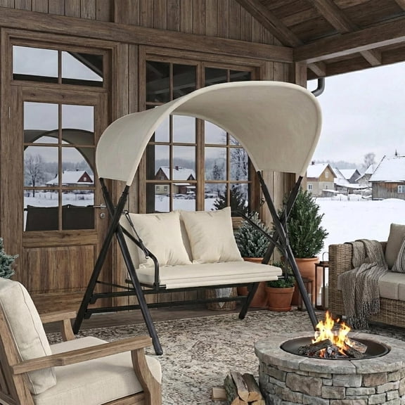 Heavy-Duty Outdoor Porch Swing Chair with Canopy Stand  Double-Seat Cushioned Swing for Patio, Poolside & Deck, Thickened Seat & Pillow, Alloy Steel Frame, Easy Assembly, 600-Pound Weight Capacity
