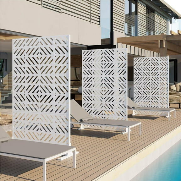 Heavy-Duty Outdoor Privacy Screen for Patio, Balcony, Backyard - 72" H * 44" W Metal Room Divider with Geometric Pattern, Anti-Tipping Kit, Weather Resistant, Easy Assembly (White-FGXPF)