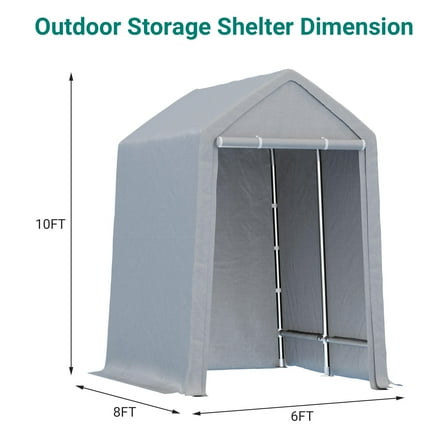 Heavy Duty Outdoor Storage Shed, 6x8 FT Carport with Roll-Up Zipper Door, Waterproof Storage Tent Shelter Canopy for Motorcycle, Bike, Car, Garden Tools, Grey