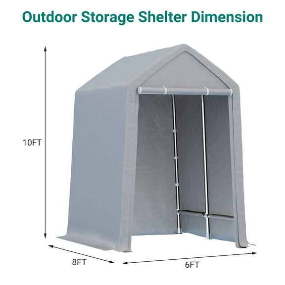 Heavy Duty Outdoor Storage Shed, 6x8 FT Carport with Roll-Up Zipper Door, Waterproof Storage Tent Shelter Canopy for Motorcycle, Bike, Car, Garden Tools, Grey