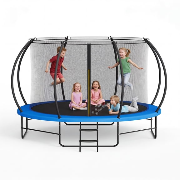 Heavy Duty Outdoor Trampoline 10FT 14FT 1760LBS Capacity Safety Enclosure Curved Poles Blue