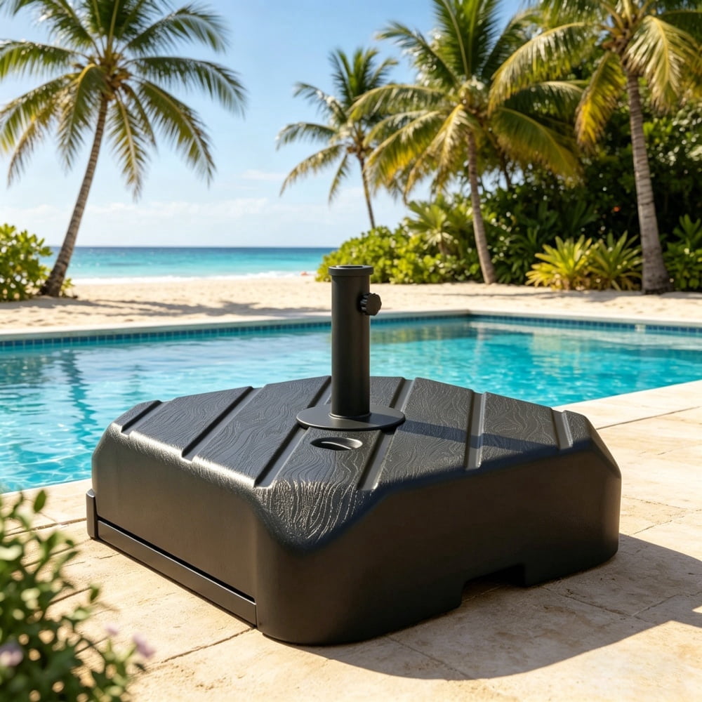 Heavy Duty Outdoor Umbrella Base Only Mobile HDPE Patio Umbrella Stand with Wheels & Telescopic Handle Fits Poles 1.5" / 1.9" Supports Umbrella Up to 13.1 FT Black Wood Grain（Only the base）
