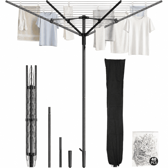 Heavy Duty clothes line ,Outdoor Umbrella Drying Rack, 165 Feet Rotary Rotating Height Adjustable with 13 Rows for Large Blankets & Sheets, Backyard Balcony Camping RV,