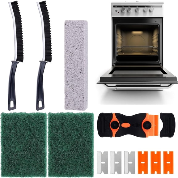Heavy Duty Oven Cleaner Tools, Oven Cleaning Accessories, Oven Cleaning Kit with Crevice Cleaning Brush, Razor Blade Scraper, Pumice Stone, Cleaning Rags