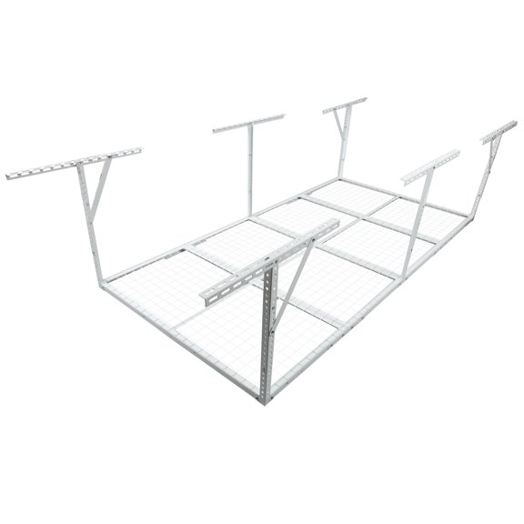 Heavy-Duty Overhead Garage Storage Rack 3x8FT, 600 lb Capacity Adjustable Ceiling Drop-Down 22-40 inch, Metal Garage Ceiling Shelf for Floor Space Saving, White
