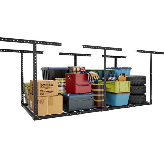 Heavy Duty Overhead Garage Storage Rack, Adjustable 3 x 8 ft Ceiling Mounted Shelf with 600 lbs Capacity for Garage Storage