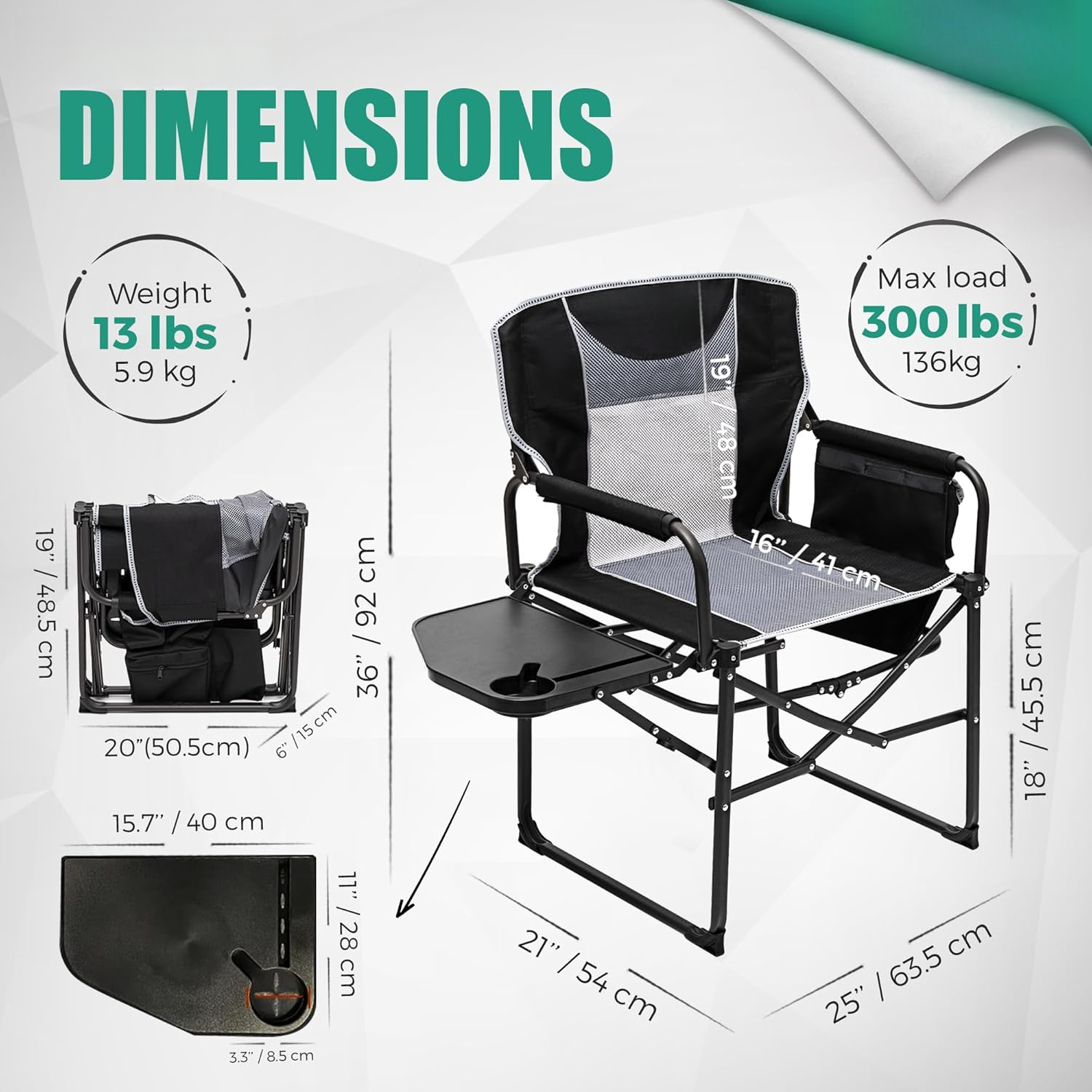 Heavy Duty Oversized Directors Camping Chair, Foldable Outdoor Chair with Side Table & Pocket, Portable Lawn Chair for Beach, Fishing, Travel & Picnic