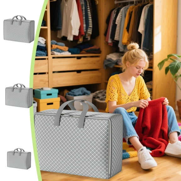 Heavy Duty Oversized Storage Bag | Reinforced Carrying Handles | Thickened Cloth Double Zipper | Waterproof Collapsible Organizer for Moving Quilt Clothing Bedding | Khaki | 70x50x25cm | 1 Pack