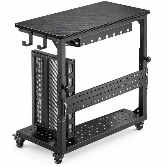 Heavy Duty PC Tower Stand with Wheels, Adjustable Gaming Computer Cart with Top Shelf, Carbon Fiber Black Metal Frame