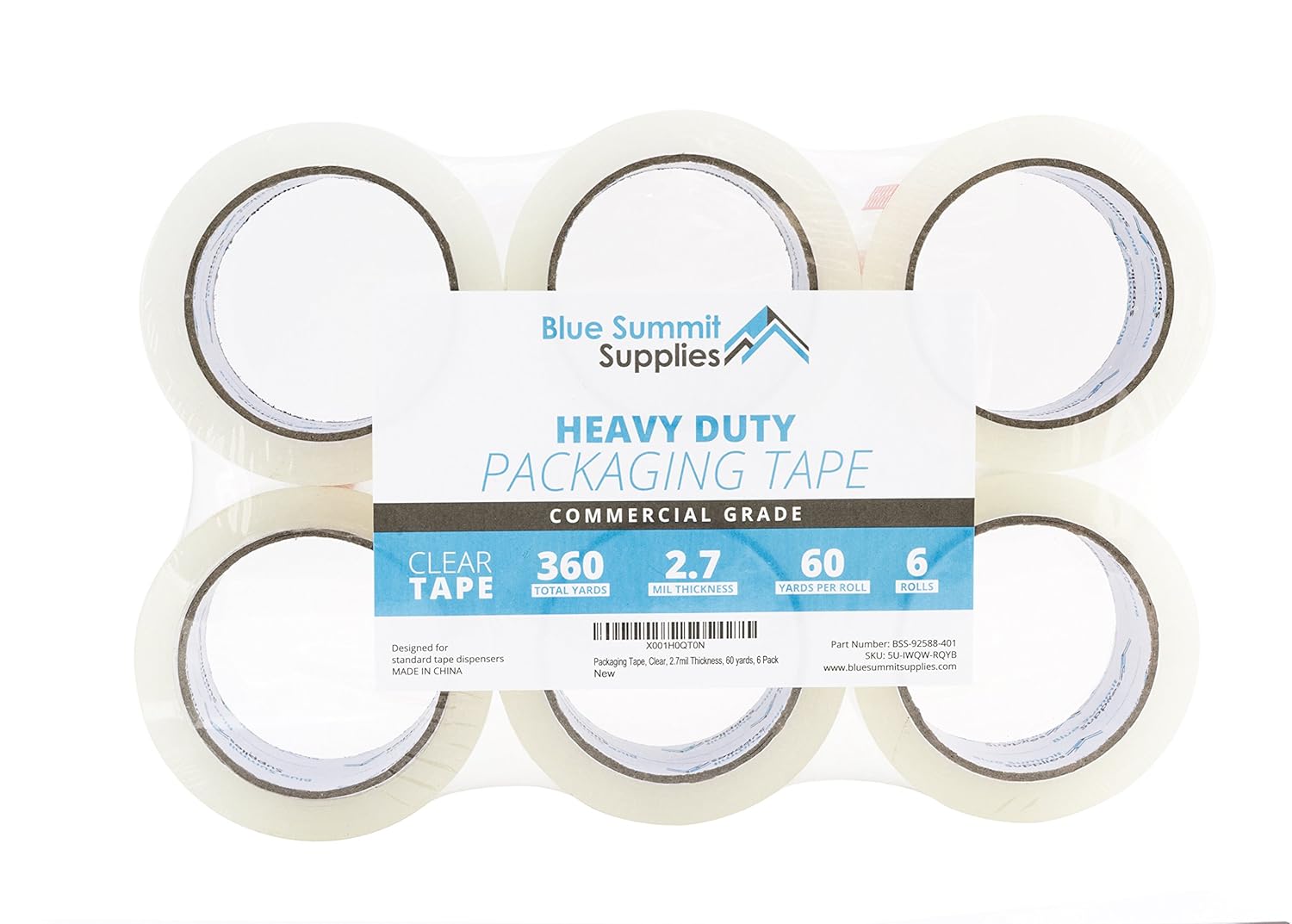 Heavy Duty Packaging Tape, Clear Packing Tape Designed for Moving Boxes, Shipping, Office, and Storage, Commercial Grade 2.7mil Thickness, 60 Yards Length, 360 Total Yards