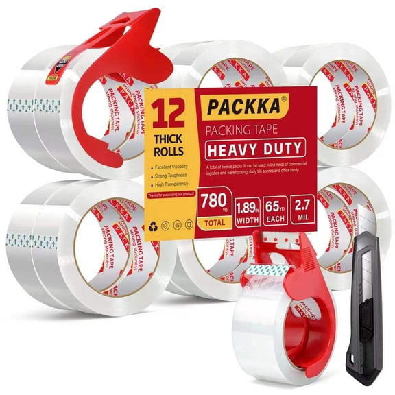 Unbranded Heavy Duty Clear Packing Tape Set, 12 Rolls, 1.89in x 65yd, Total 780yd, with Dispenser & Utility Knife