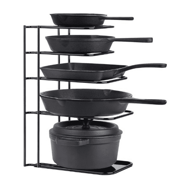 Heavy Duty Pan Organizer, 5 Tier Pot and Pan Organizer Rack for Cast Iron Skillets, Griddles and Pots - Steel Construction- No Assembly Required - Black