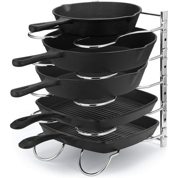 Heavy Duty Pan Rack, Pot Lid Rack, Kitchen Cabinet Pantry Cookware Organizer Rack Holder with 5 Adjustable Dividers, Chrome