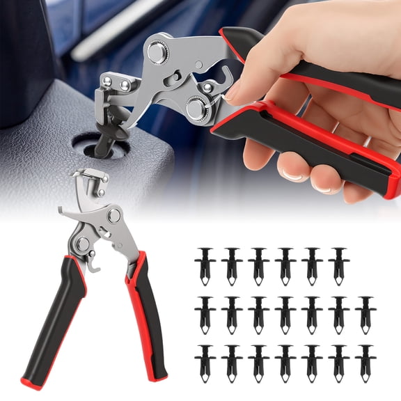 Car Clip Pliers and 20Pcs Fastener Set, Heavy Duty Trim Removal Tool with 8mm Plastic Push Pins, Professional Bumper and Door Panel Clip Remover for Automotive, RV, and Furniture Repair (Silver & Red
