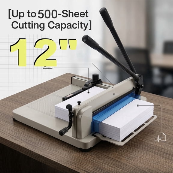 POWKO Heavy DutyPaper Cutter A4-12'' Paper Cutter Guillotine Paper Cutter 500 Sheet Capacity, Removable Handle, White, Anti-Slip Clamp for Secure Cutting for Cutting Cardboard, Polyester & Office Use