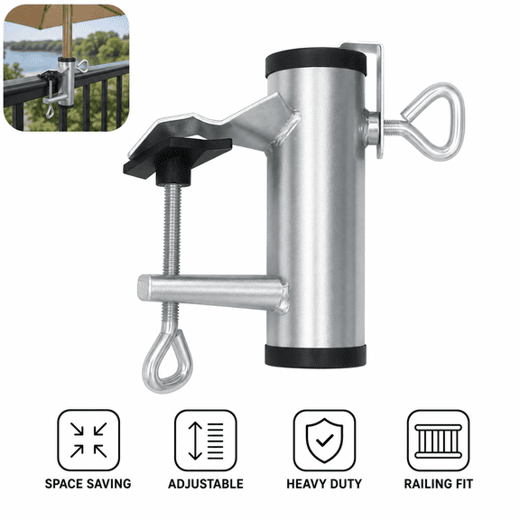 Heavy Duty Patio Umbrella Clamp, Adjustable Deck Umbrella Mount for Balcony Railing, Bench,Silver
