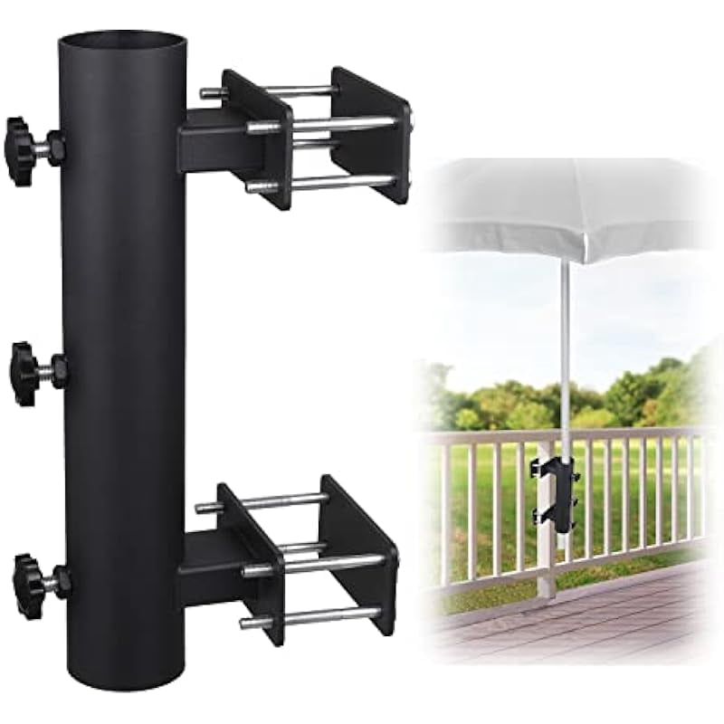 Heavy Duty Patio Umbrella Clamp for Deck Rail, Iron Umbrella Holder for Deck Railing, Adjustable 1.3-1.8 in Umbrella Pole Mount, 11.41 in Height Balcony Umbrella Clamp