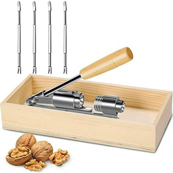 Heavy Duty Pecan Nut Cracker Tool with 4 Forks, Wood Handle Base with Rectangular Wooden Box Base for Walnuts, Chestnuts, Almonds, Pecans, Hazelnuts$$Home Decor, Kitchen, & Other